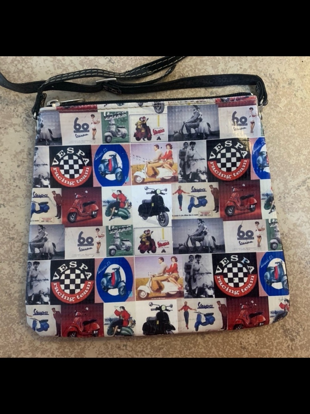 Vespa Scooter Ad Print Crossbody Bag in Multi-Color